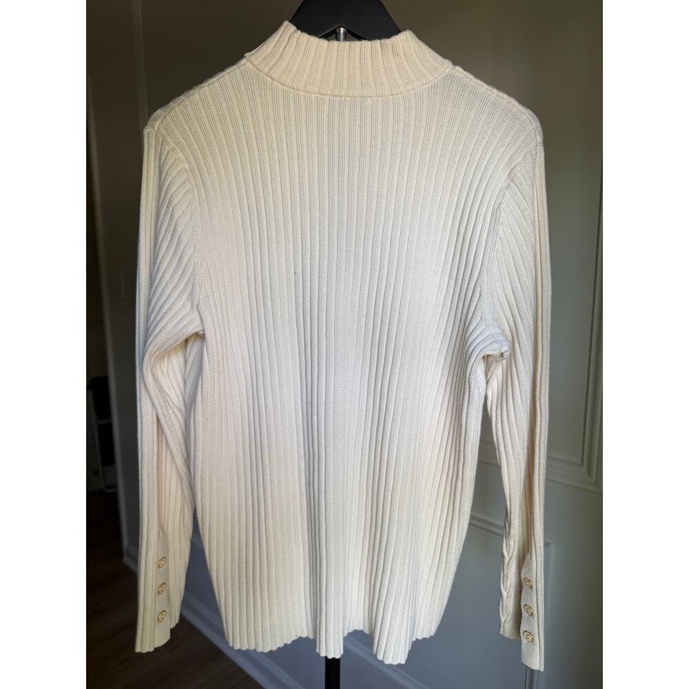 Ivory Ribbed Mock Neck Sweater Button Sleeve Quiet Luxury Soft Knit Medium - Picture 2 of 5